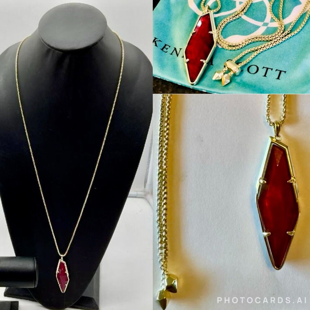 NWOT Kendra Scott Damon Gold Necklace Maroon Jade - Picture 10 of 16